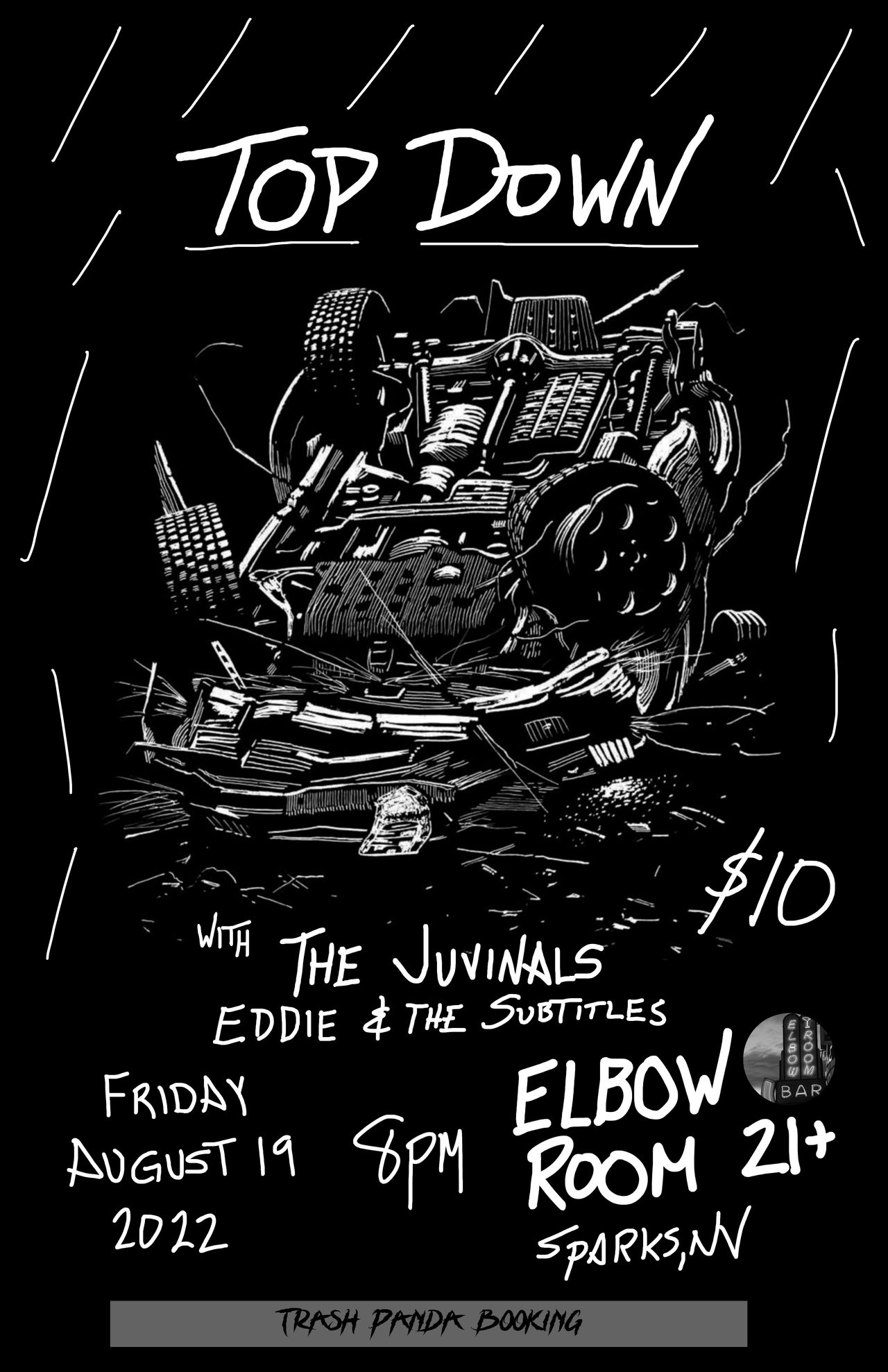 Flyer for TOP DOWN, Juvinals, and Eddie and the Subtitles at Elbow Room.
