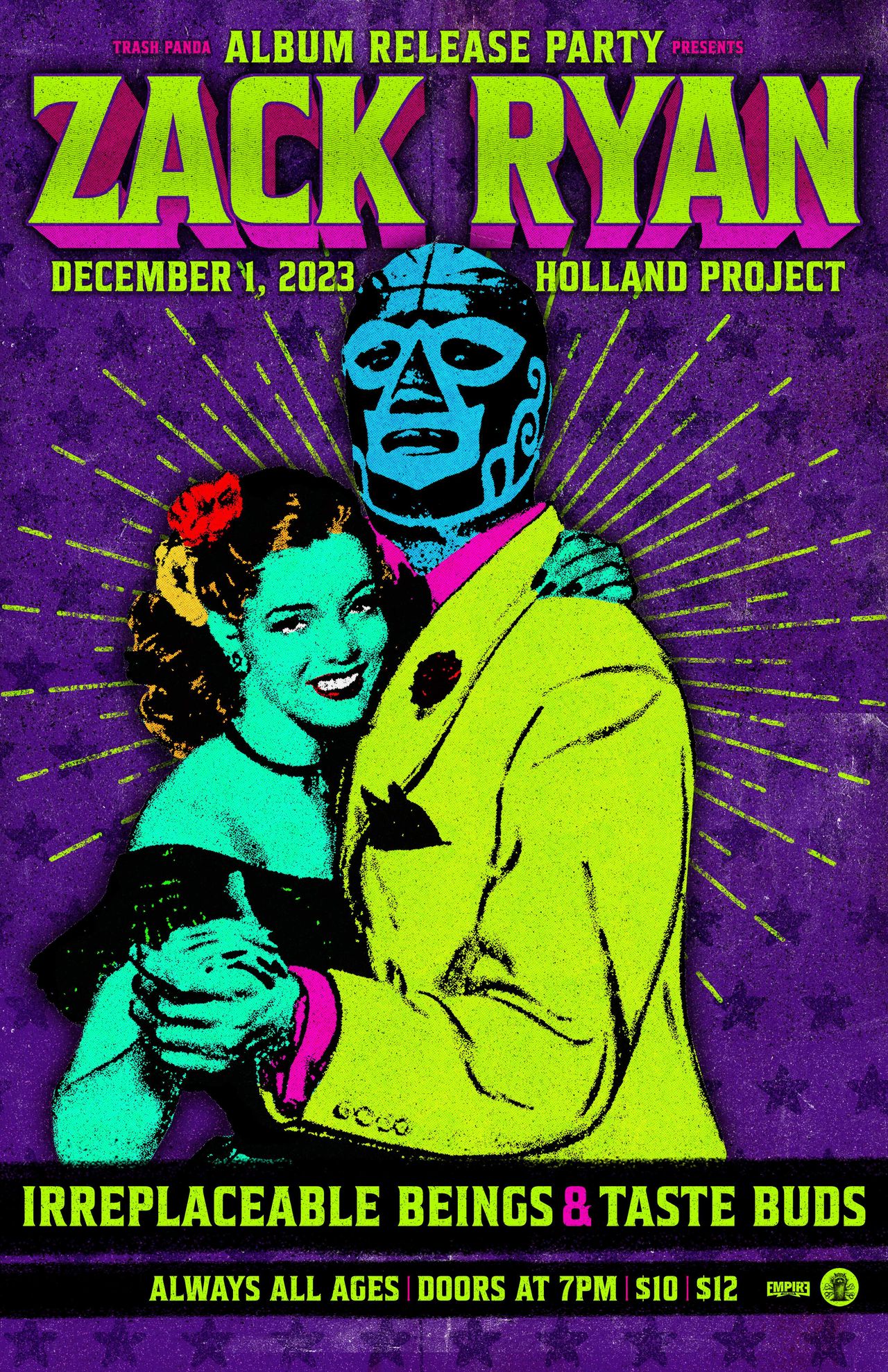 Flyer for Zack Ryan's Album Release Party with Irreplaceable Beings and Taste Buds at Holland Project.