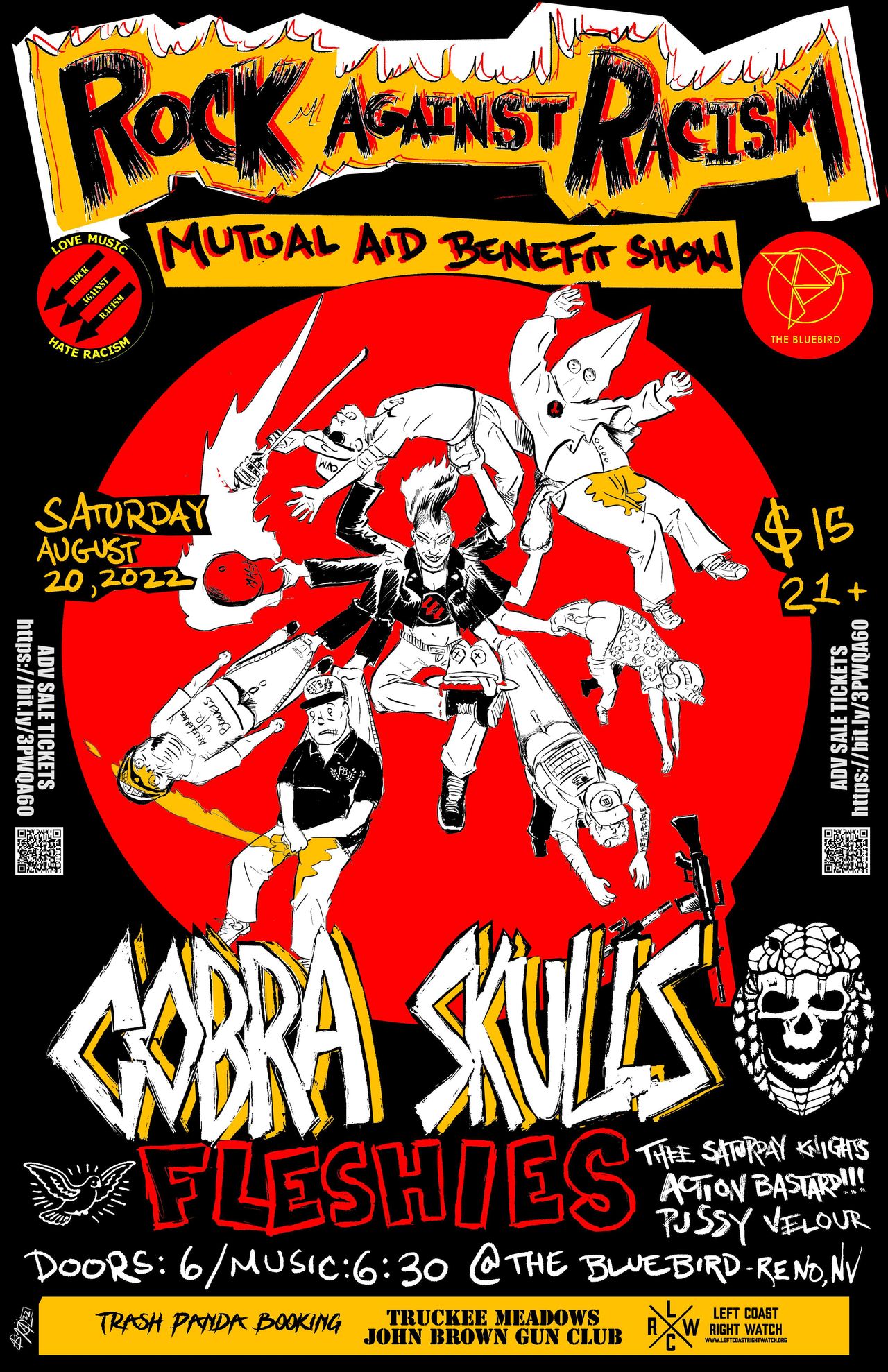 Flyer for first annual Rock Against Racism with Fleshies, Cobra Skulls, Thee Saturday Knights, Pussy Velour and Action Bastard!