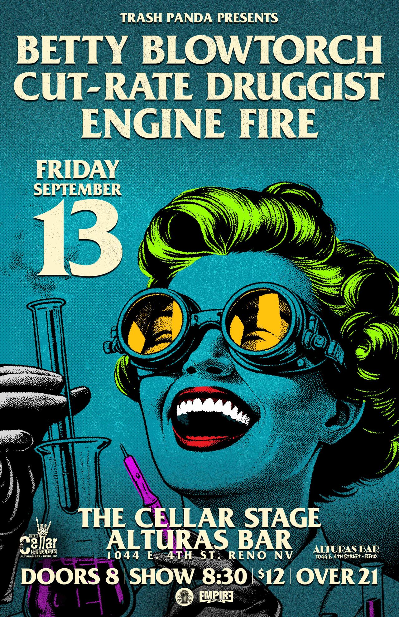 Flyer for Betty Blowtorch, Cut-Rate Druggist, and Engine Fire at The Cellar Stage at Alturas Bar.