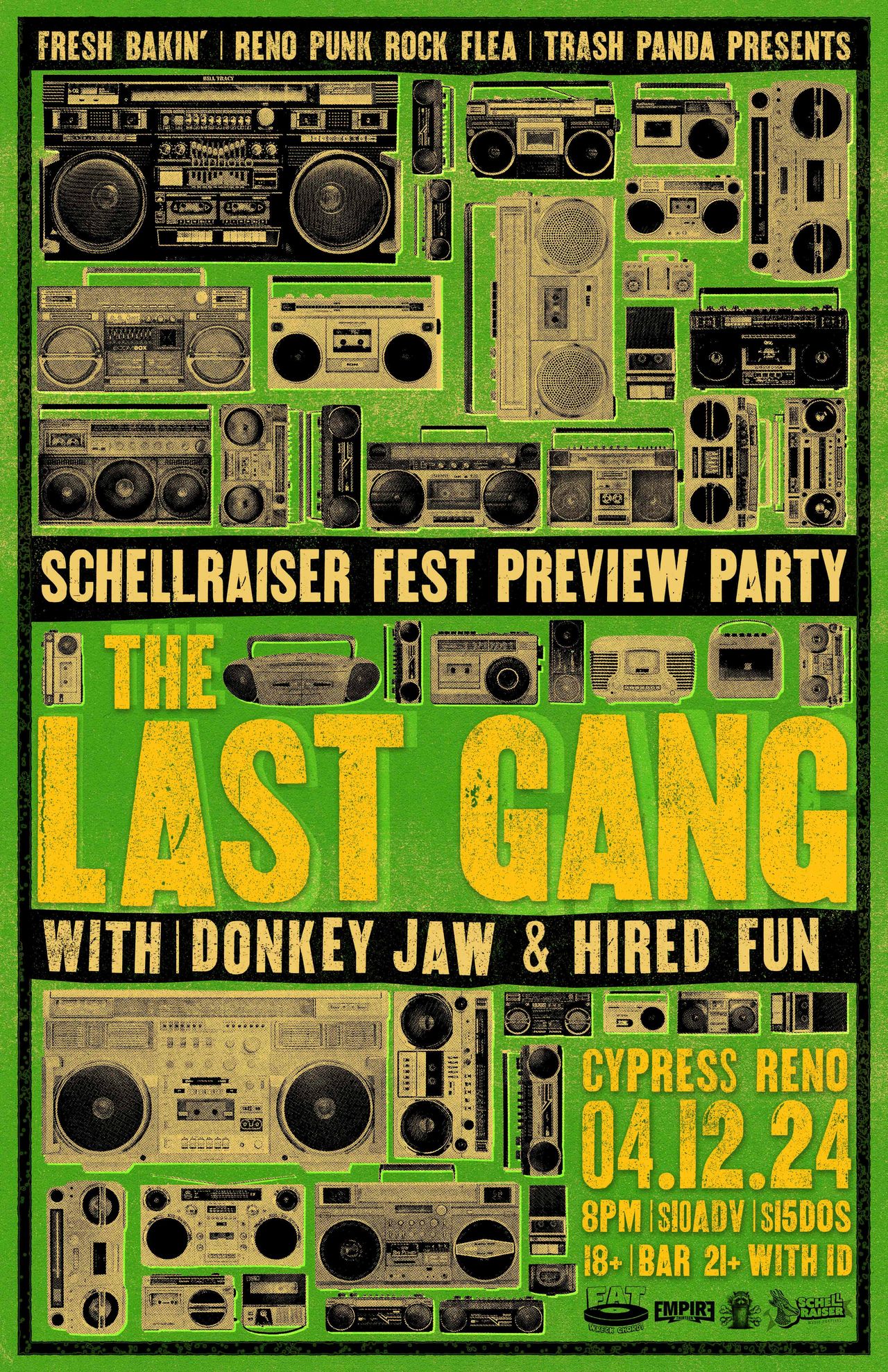Flyer for Schellraiser Fest Preview Party featuring The Last Gang, Donkey Jaw, Hired Fun at Cypress Reno.