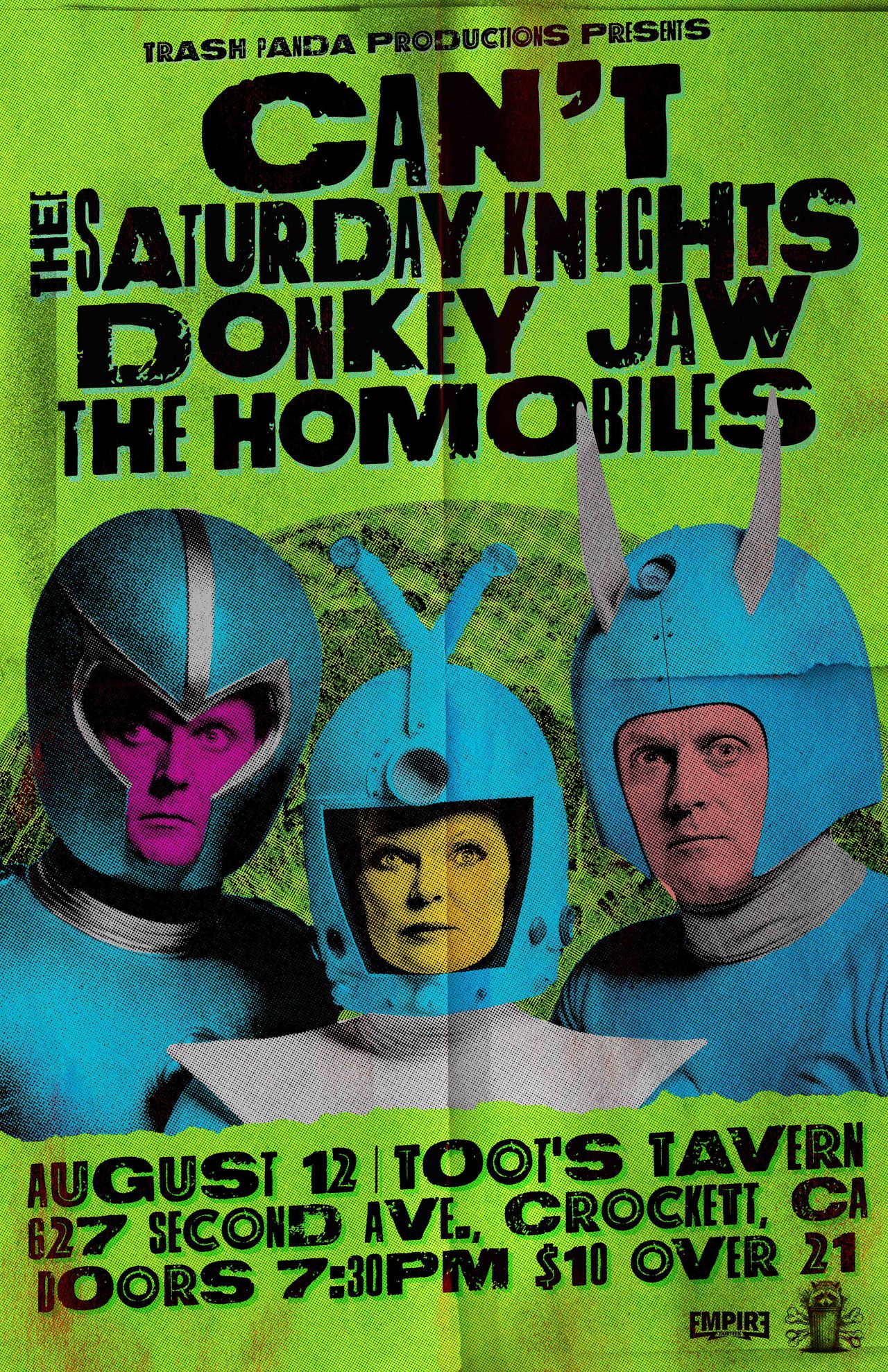 Flyer for Thee Saturday Knights, Donkey Jaw, Can't and The Homobiles at Toot's Tavern.